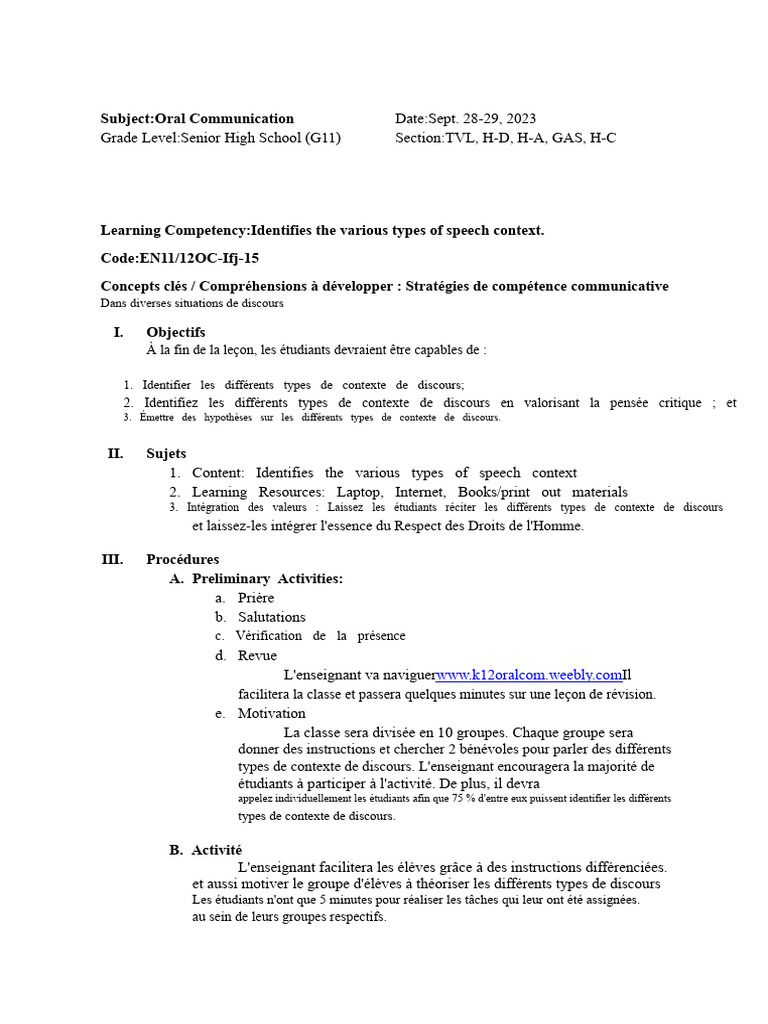 Types de Contexte de Discours en Classe | PDF