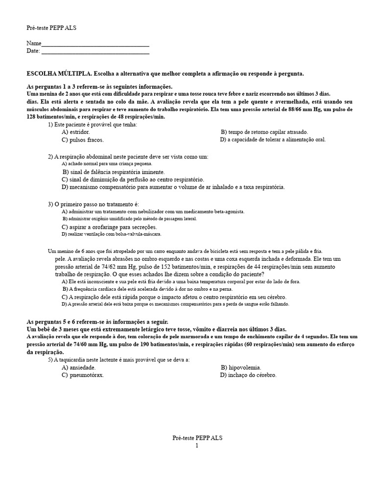 Pré-teste PEPP ALS: Avaliação Infantil | PDF | Respiração | Bebês