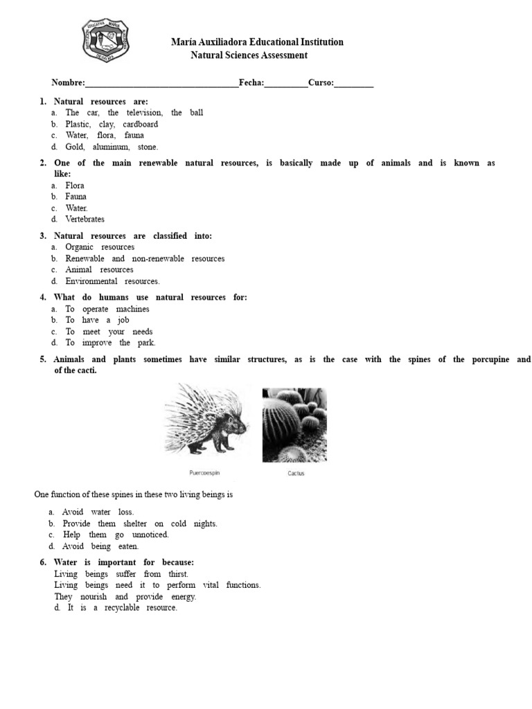 Final Evaluation Third Grade Natural Sciences | PDF | Weight | Water