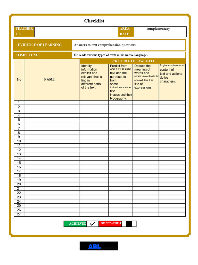 Text Comprehension Evaluation Checklist | PDF