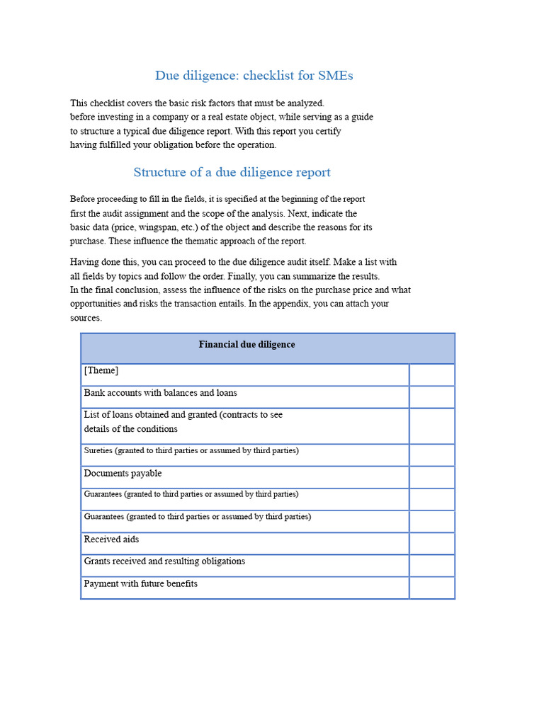 Due Diligence Checklist For SMEs | PDF | Due Diligence | Mergers And ...