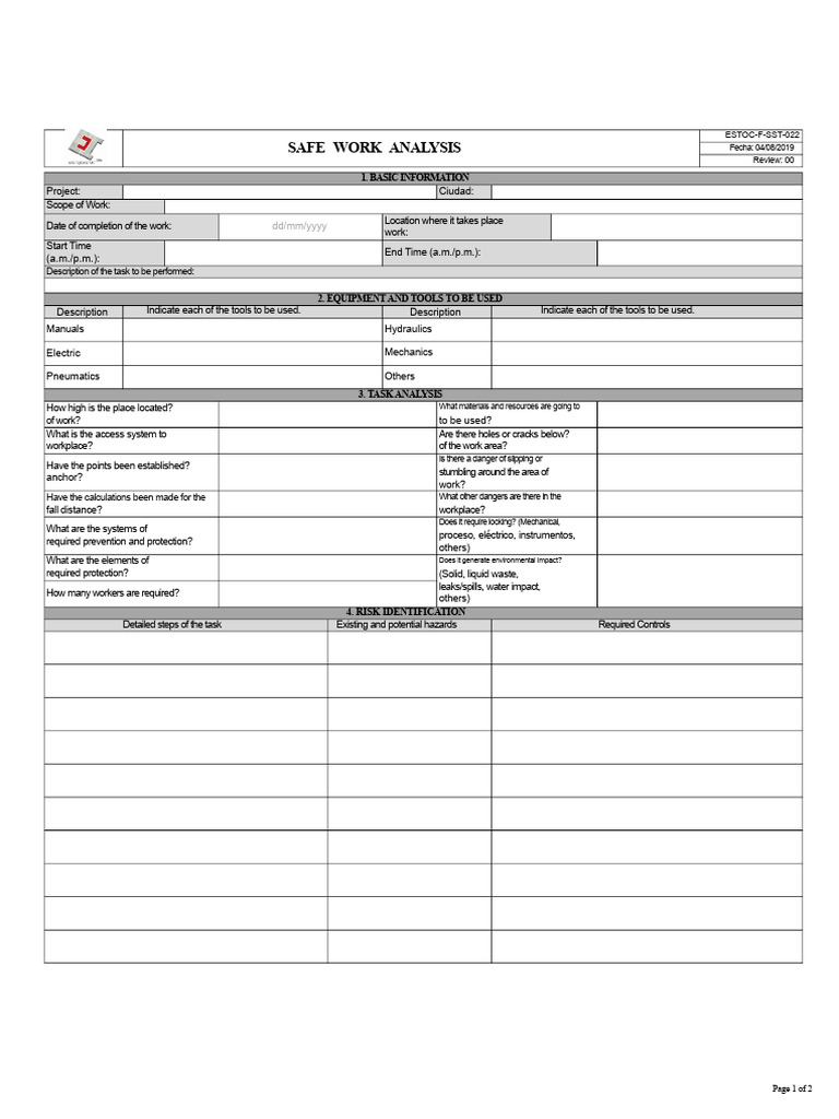 Safe Work Analysis Format 2020 | PDF | Occupational Safety And Health ...