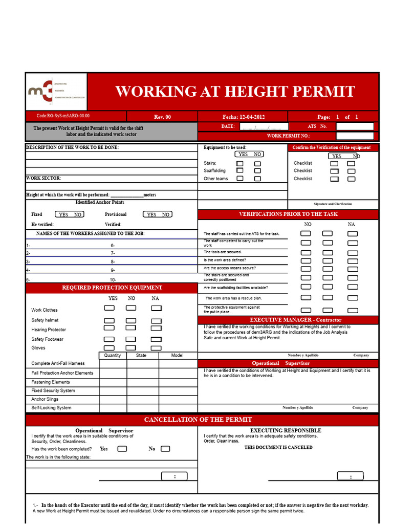 Work at Height Permit Template | PDF