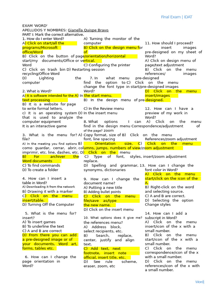 Word Exam Questions and Answers | PDF | Menu (Computing) | Computer File