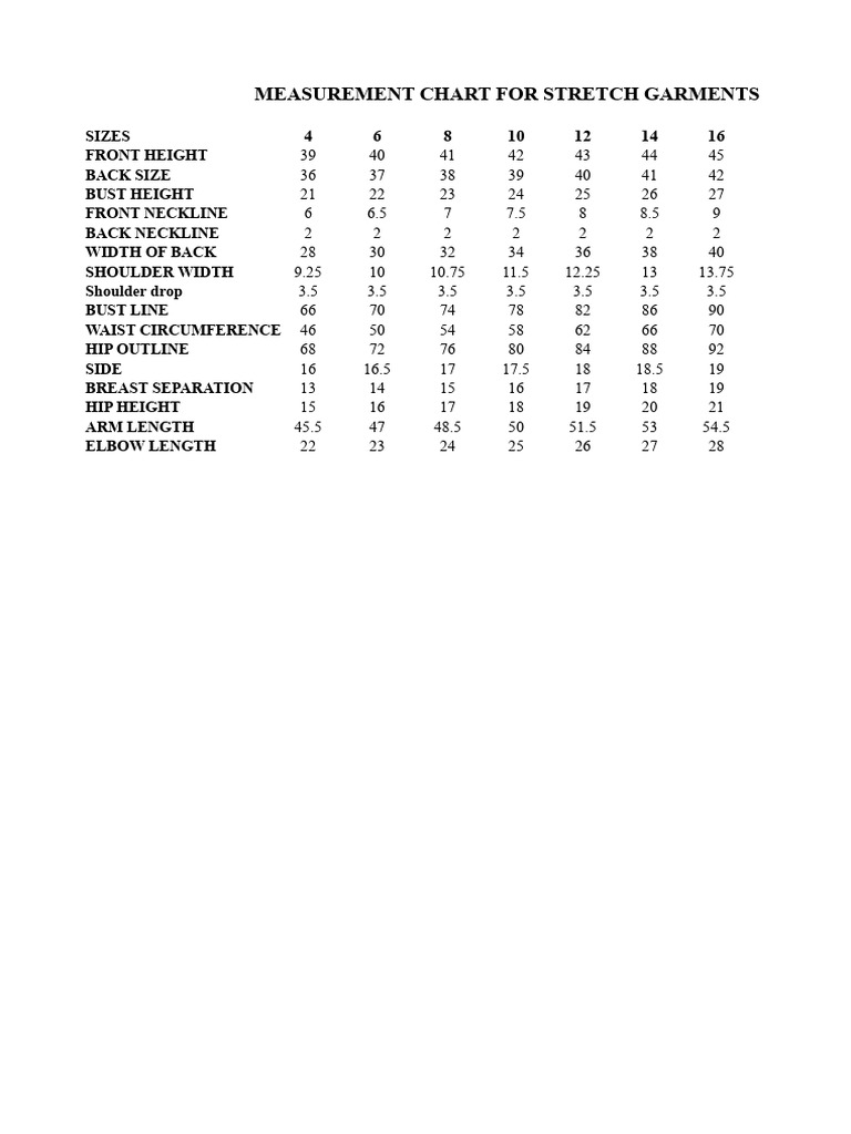 Size Chart For Lycra Garments | PDF