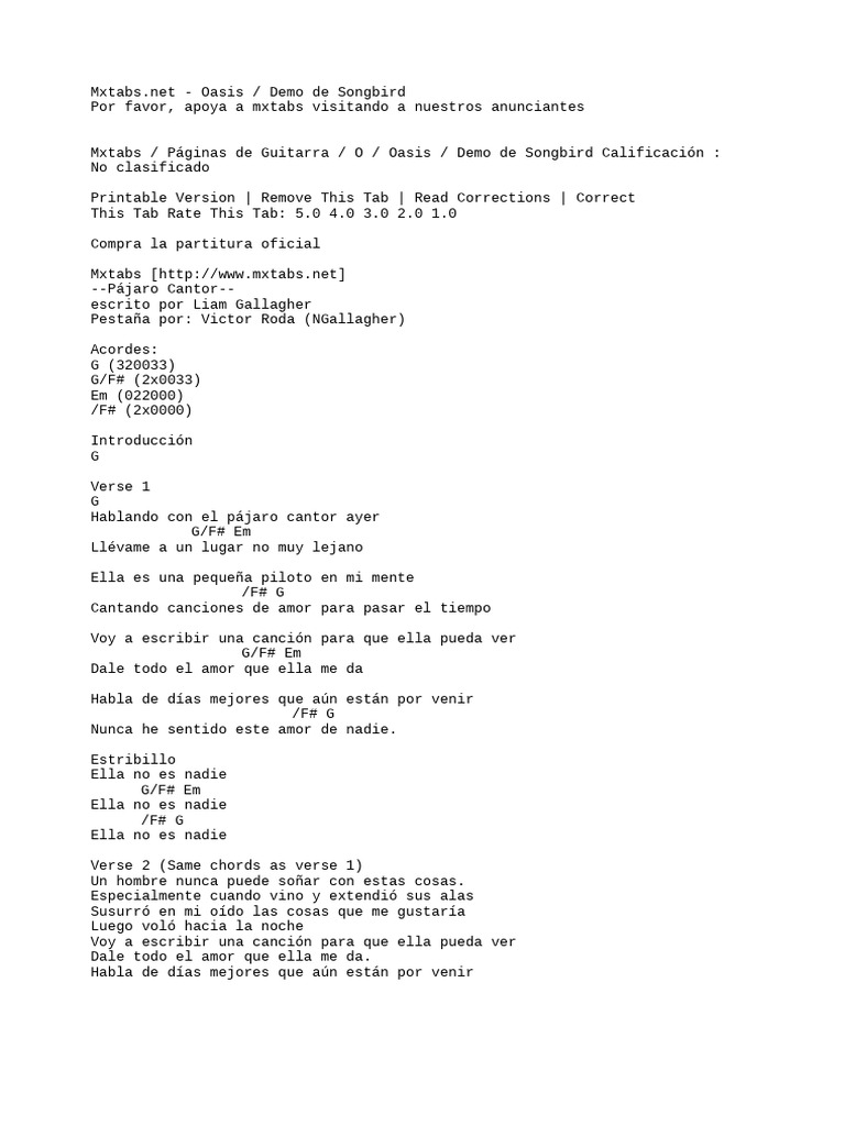 Mxtabs - Net - Oasis - Canción Del Pájaro Demo | PDF