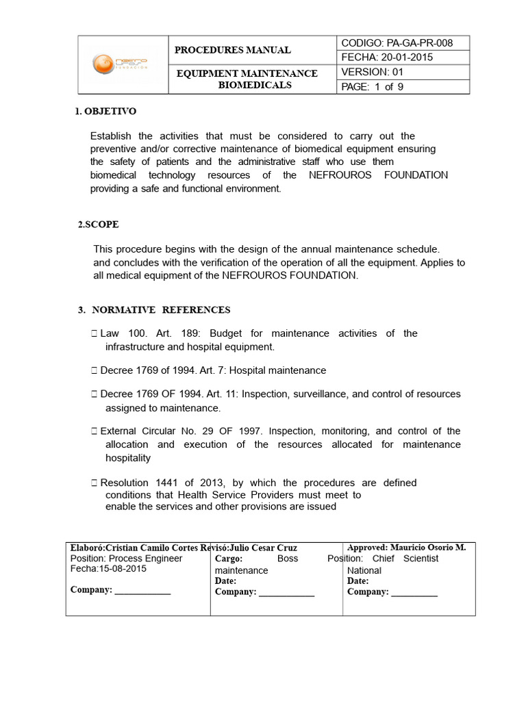 Biomedical Equipment Maintenance Procedure | PDF