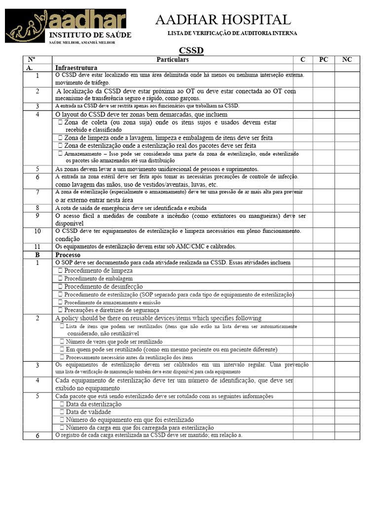 Checklist de Auditoria Interna CSSD | PDF | Unidade de Tratamento ...