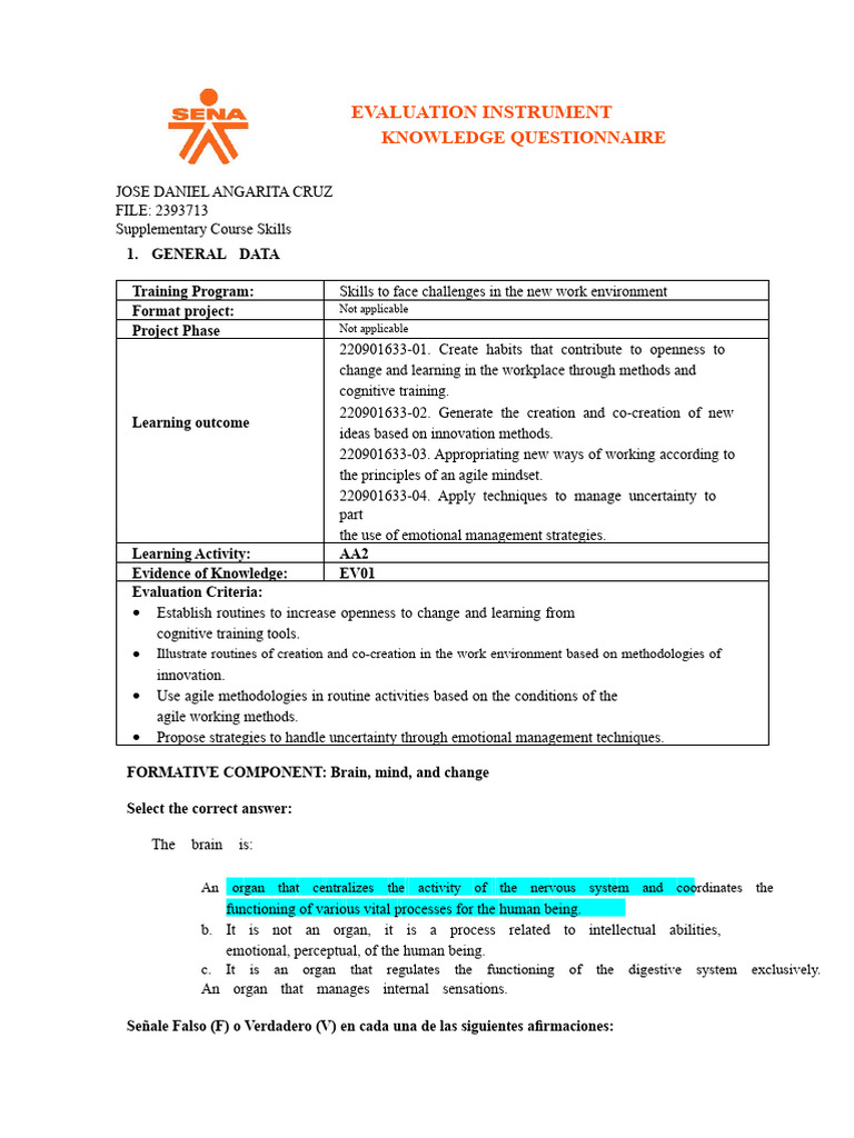 Knowledge Questionnaire for Workplace Skills | PDF | Mind | Emotions