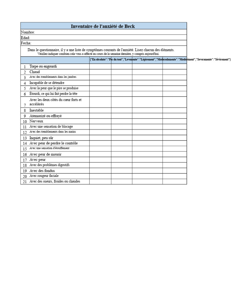 Questionnaire d'anxiété et dépression Beck | PDF | Anxiété | Dépression ...