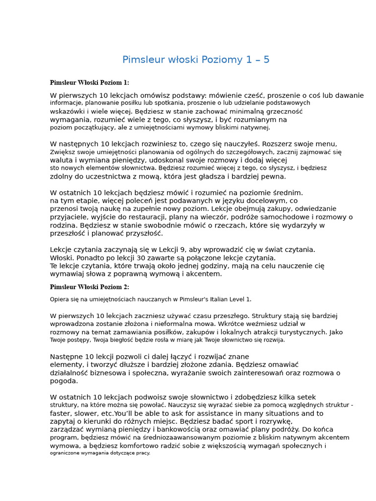 Pimsleur Włoski Poziomy 1 - 5 | PDF