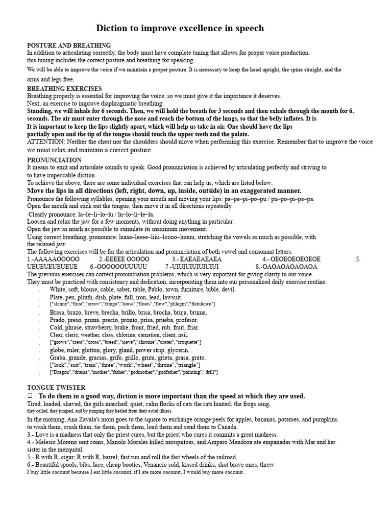 Diction exercises.docx | PDF | Breathing | Human Voice