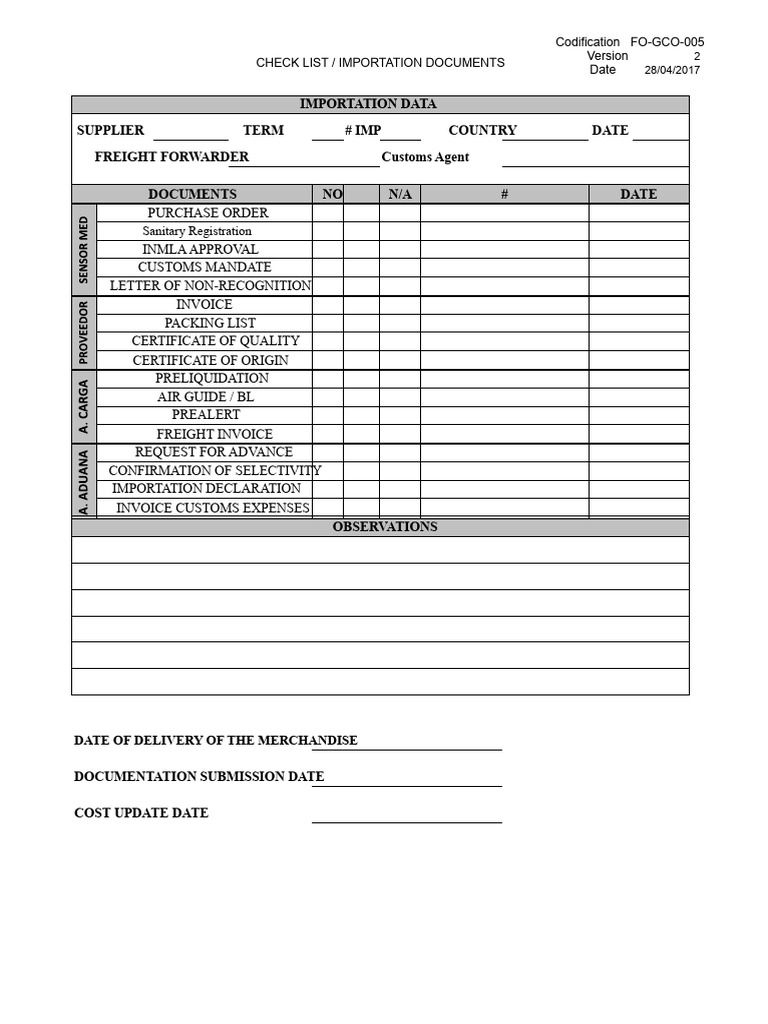 Fo-gco-005 Checklist Document Imports | PDF
