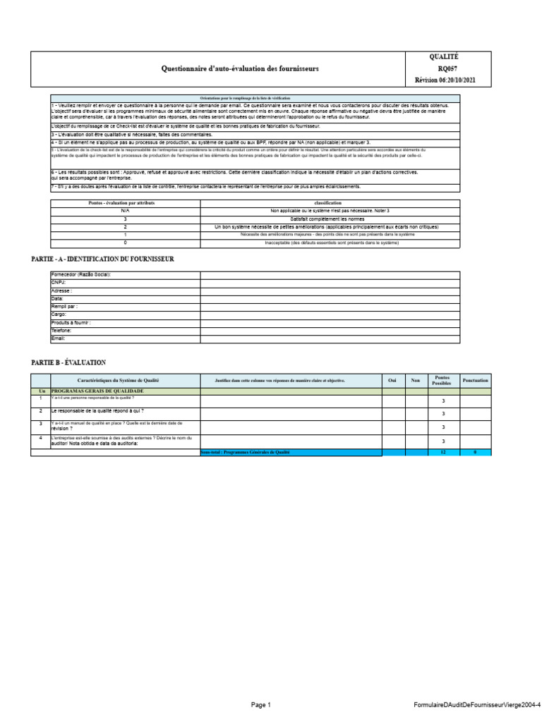 Questionnaire d'Auto-évaluation Fournisseur | PDF