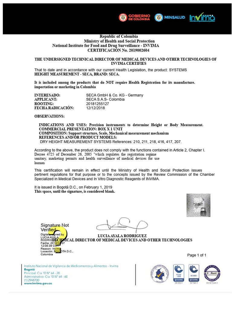 Certificate Does Not Require Invima - SECA - Tallimeters and ...