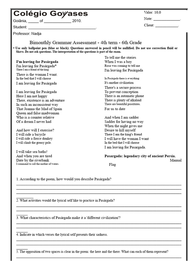 Bimonthly Assessment 6th Grade 4th Bim | PDF | Syntax | Linguistics