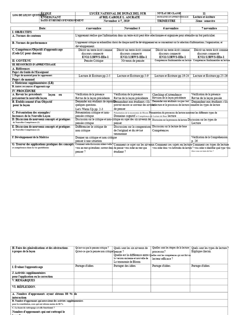 Log de leçon : Lecture et écriture 11e | PDF | Apprentissage | Cognition