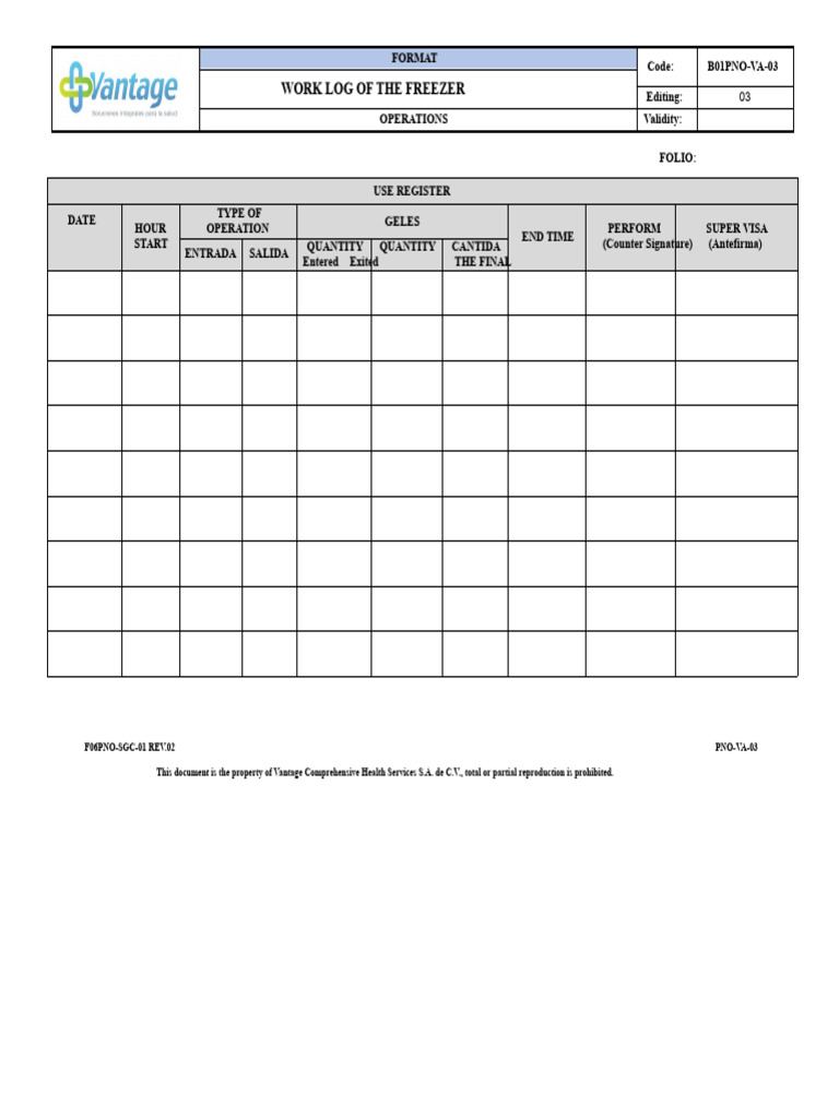 B01pno-Va-03 Ed.03 Freezer Work Log | PDF