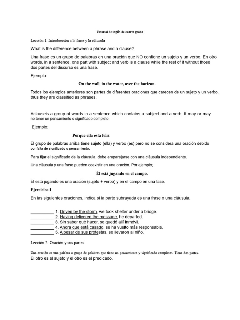 Tutorial de Inglés para Cuarto Grado | PDF | Oración (Lingüística ...