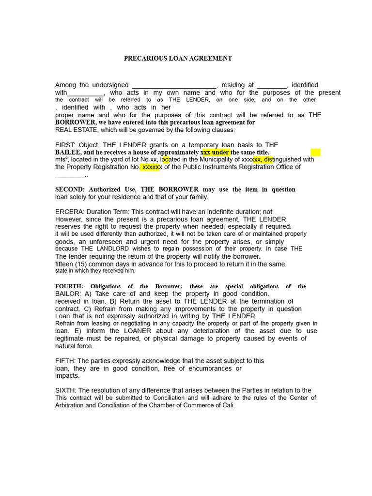 Precario Loan Agreement | PDF | Loans | Business Law