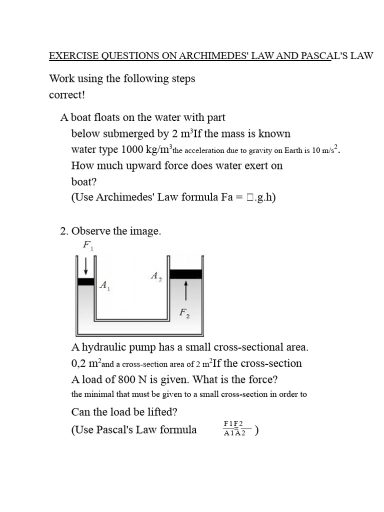 Exercise Questions On Archimedes' Law and Pascal's Law | PDF