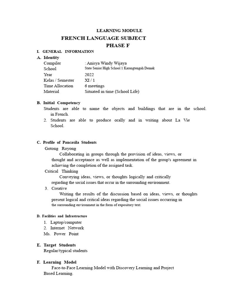 TEACHING MODULE FOR FRENCH LANGUAGE SUBJECT PHASE F Situating in Time ...