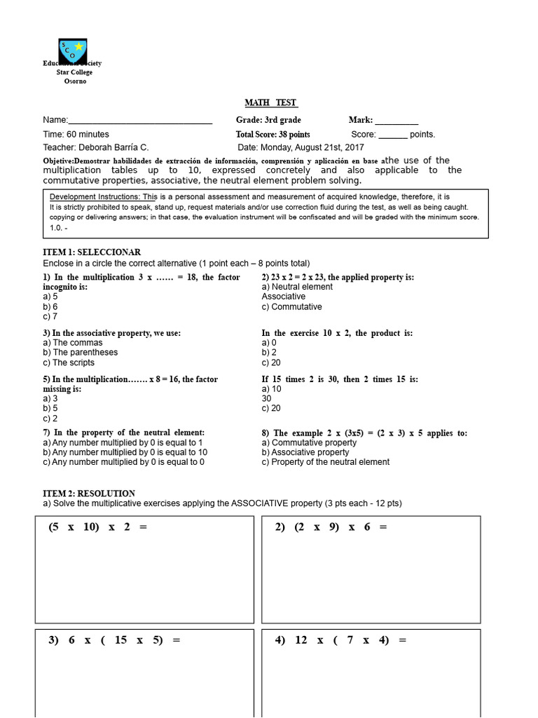 3rd Grade Math Test on Multiplication | PDF | Multiplication | Mathematics