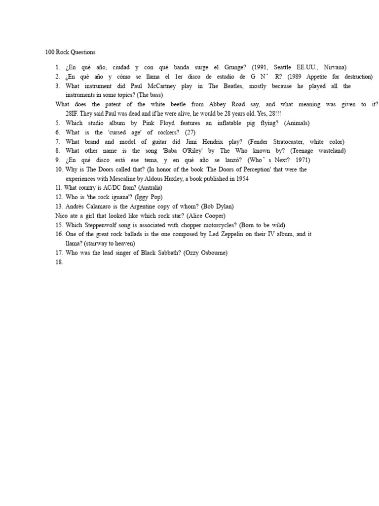 Rock Music Trivia Questions and Answers | PDF