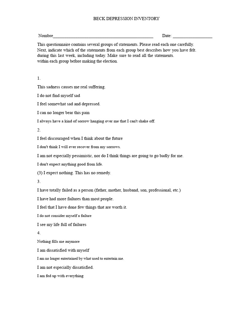 Beck Depression Inventory | PDF | Major Depressive Disorder ...