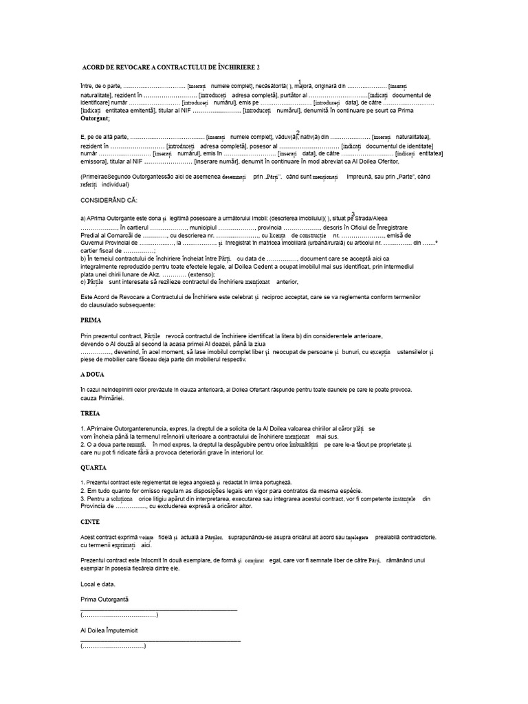 Acord de Revocare A Contractului de Închiriere 2 | PDF