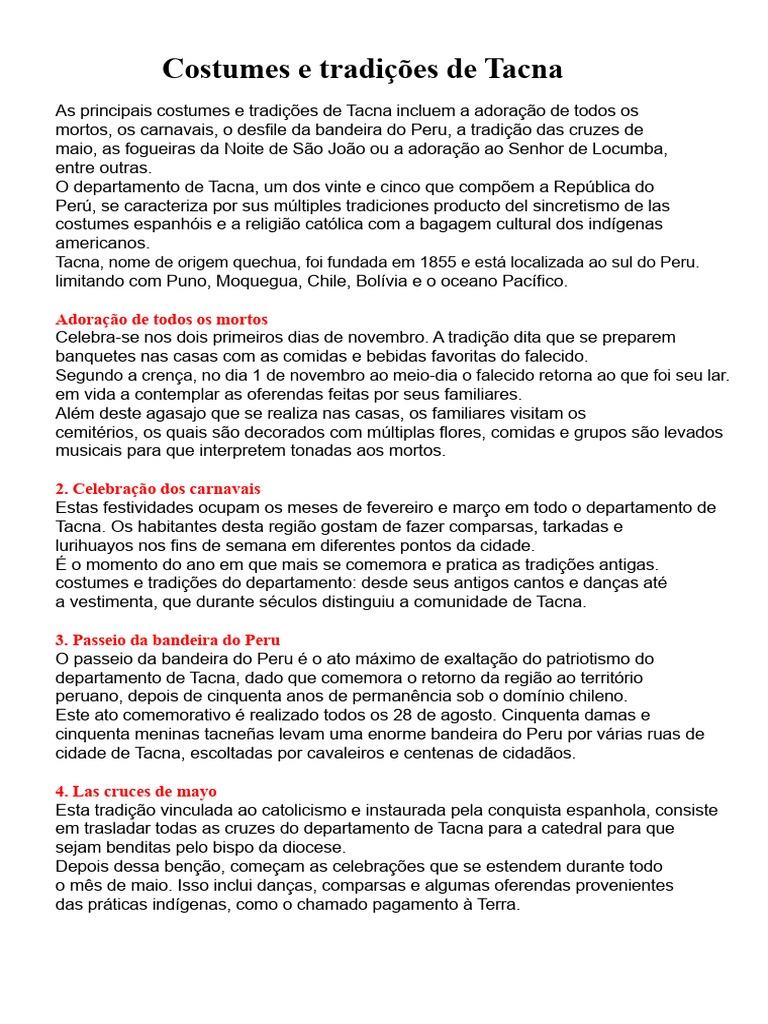 Costumes e Tradições de Tacna, Peru | PDF | Peru | Carnaval
