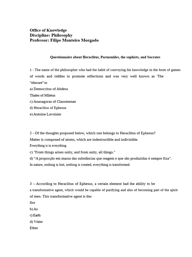 Philosophy - Questionnaire 02. About Heraclitus, Parmenides, Sophists ...