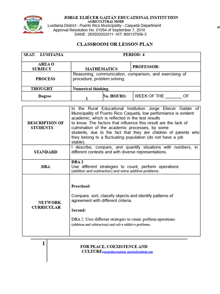 Mathematics Lesson Plan for Gaitán School | PDF | Knowledge | Thought