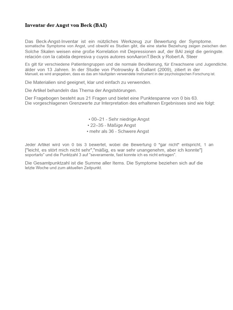 Inventar Von Beck Zur Angst (BAI) PDF | PDF
