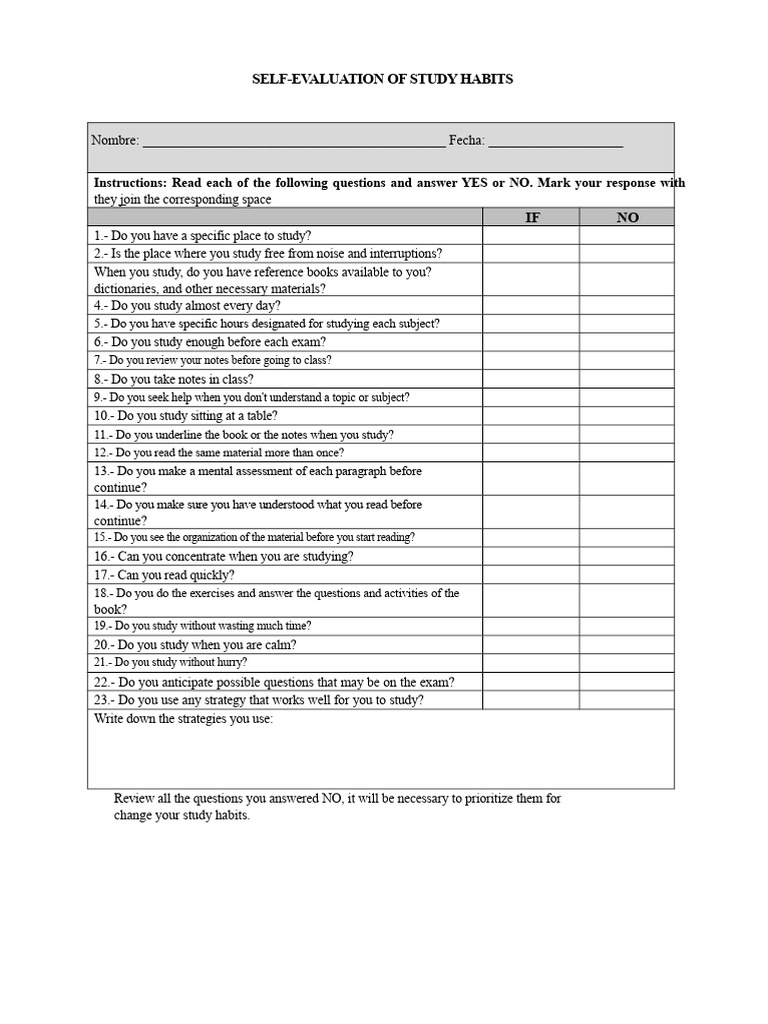 Self-Evaluation of Study Habits | PDF