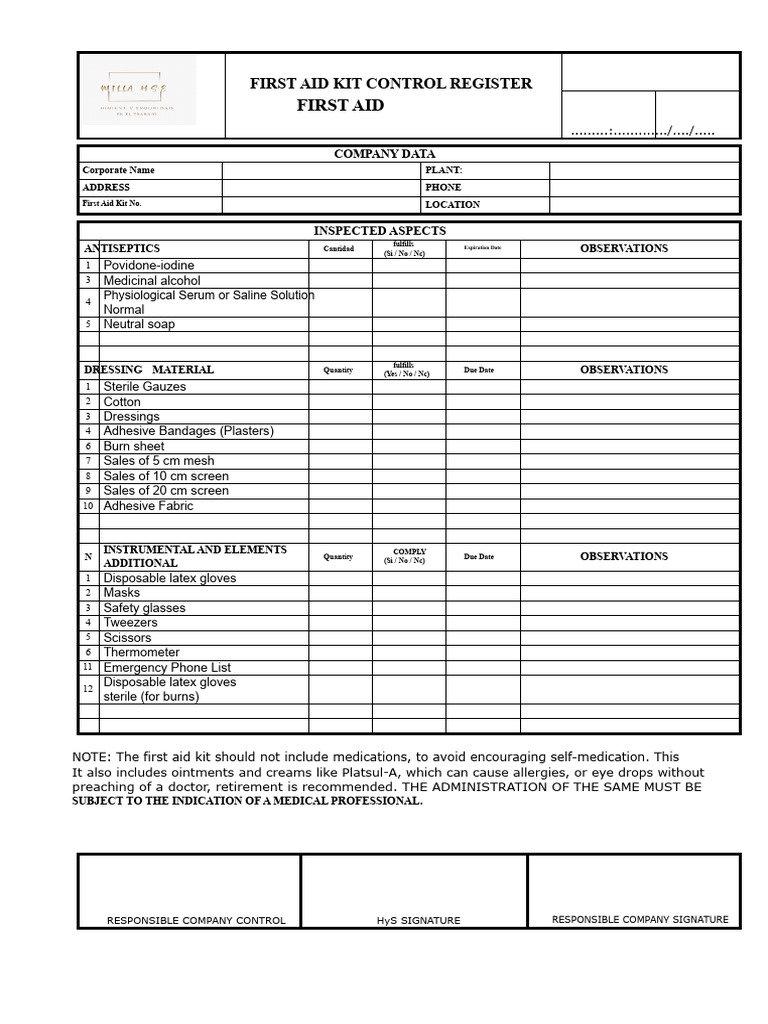 First Aid Kit Control Register | PDF | Medicine