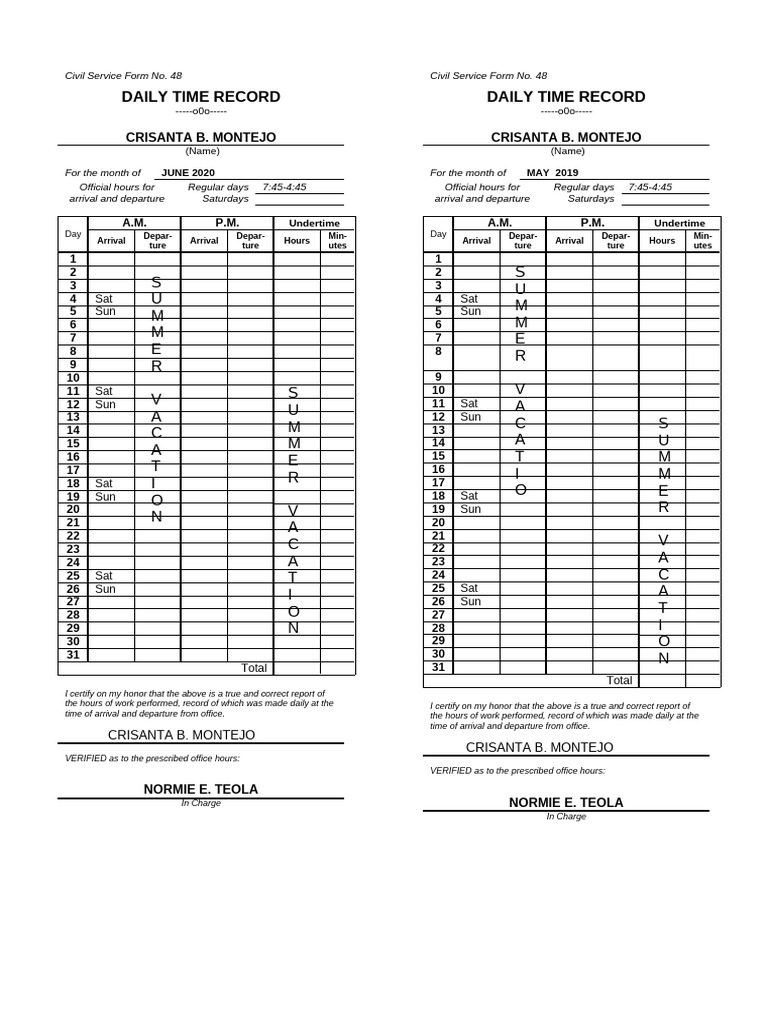 Civil Service Daily Time Record Form | PDF