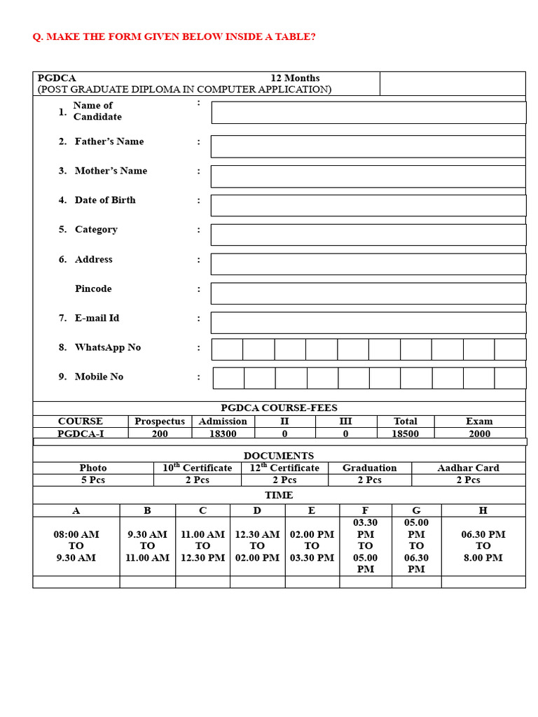 PGDCA Admission Form Template | PDF