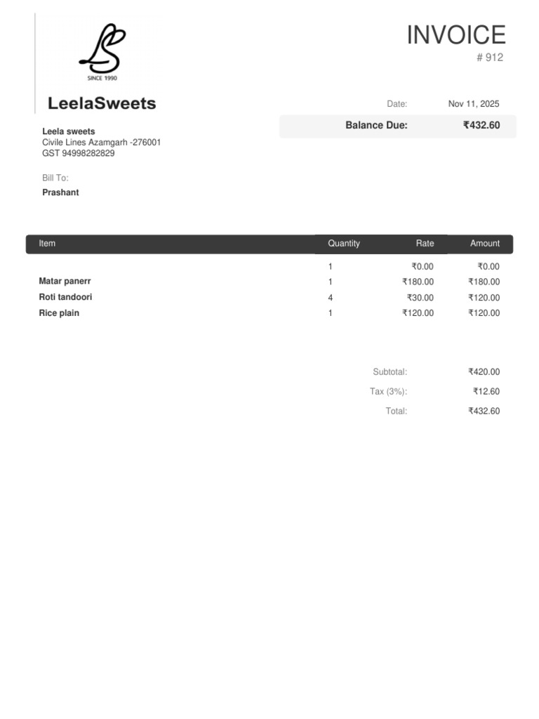 Invoice for Leela Sweets Order | PDF