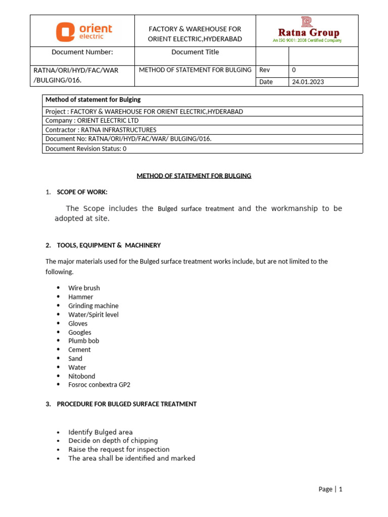 Bulged Surface Treatment Method Statement | PDF | Personal Protective ...