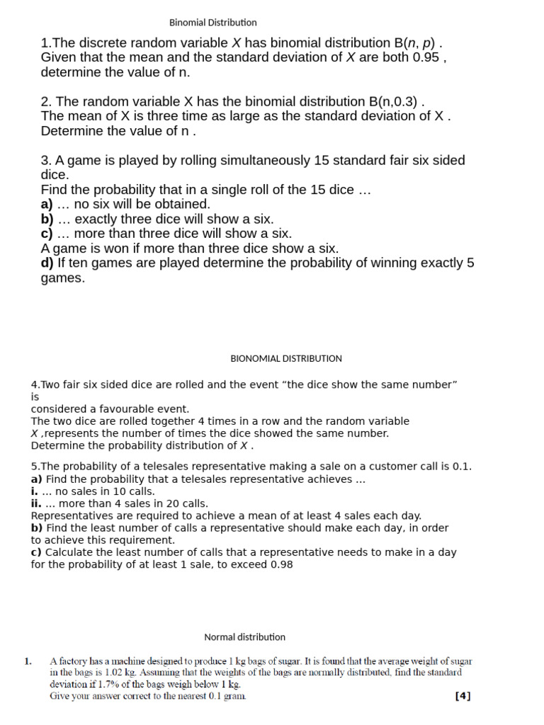 Binomial and Normal Numericals | PDF | Probability Distribution | Track ...