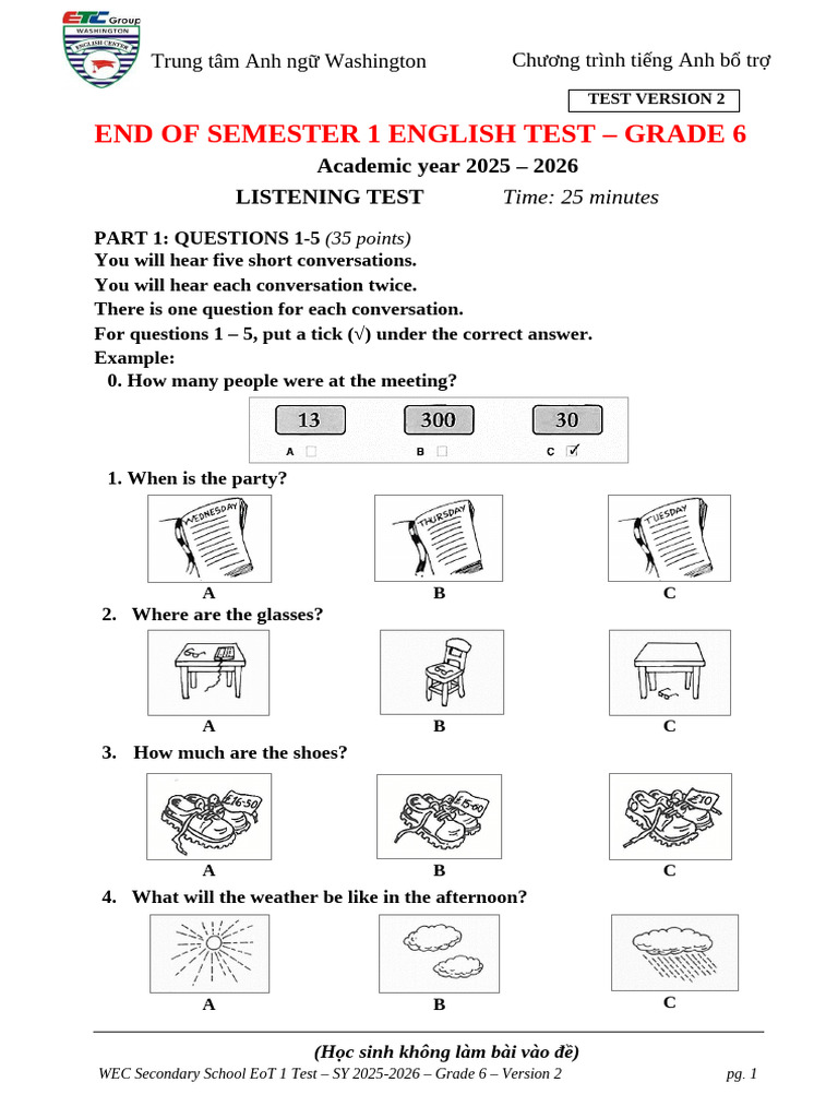 Grade 6 English Listening Test 2025-2026 | PDF | Chess | Chess Theory