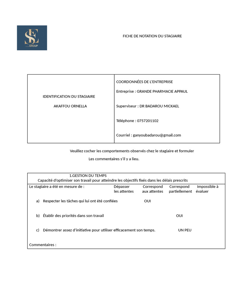 Fiche de Notation Stagiaire Ornelia | PDF
