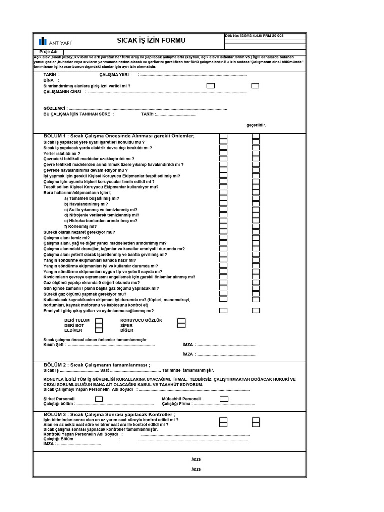 FRM 003 Sıcak İş İzin Formu | PDF