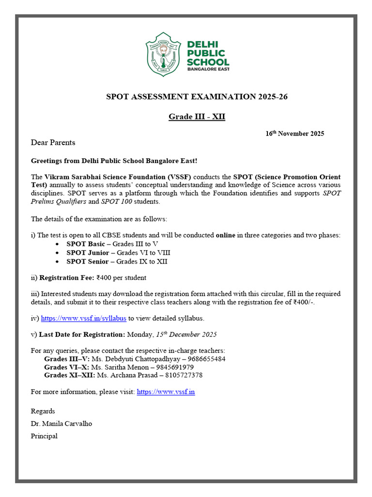 SPOT Science Exam Registration 2025-26 | PDF