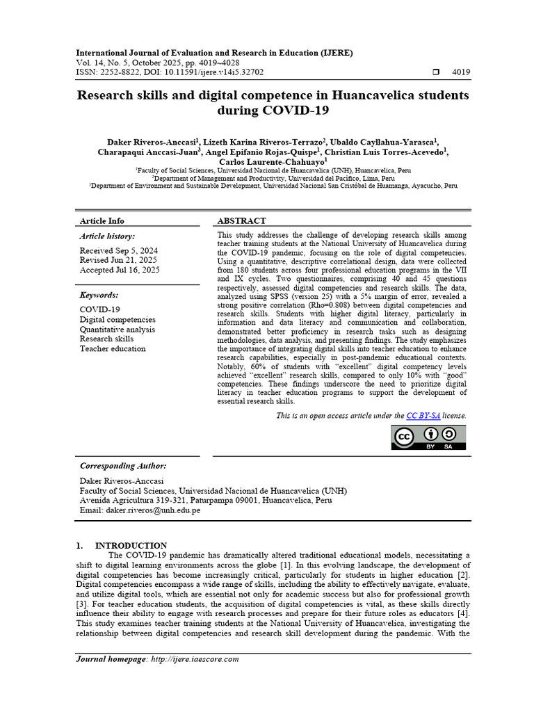 Research skills and digital competence in Huancavelica students during ...