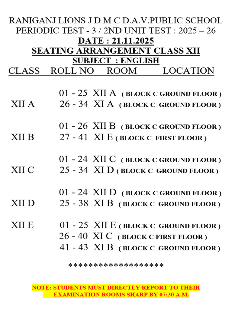 Class XII English Exam Seating Plan | PDF