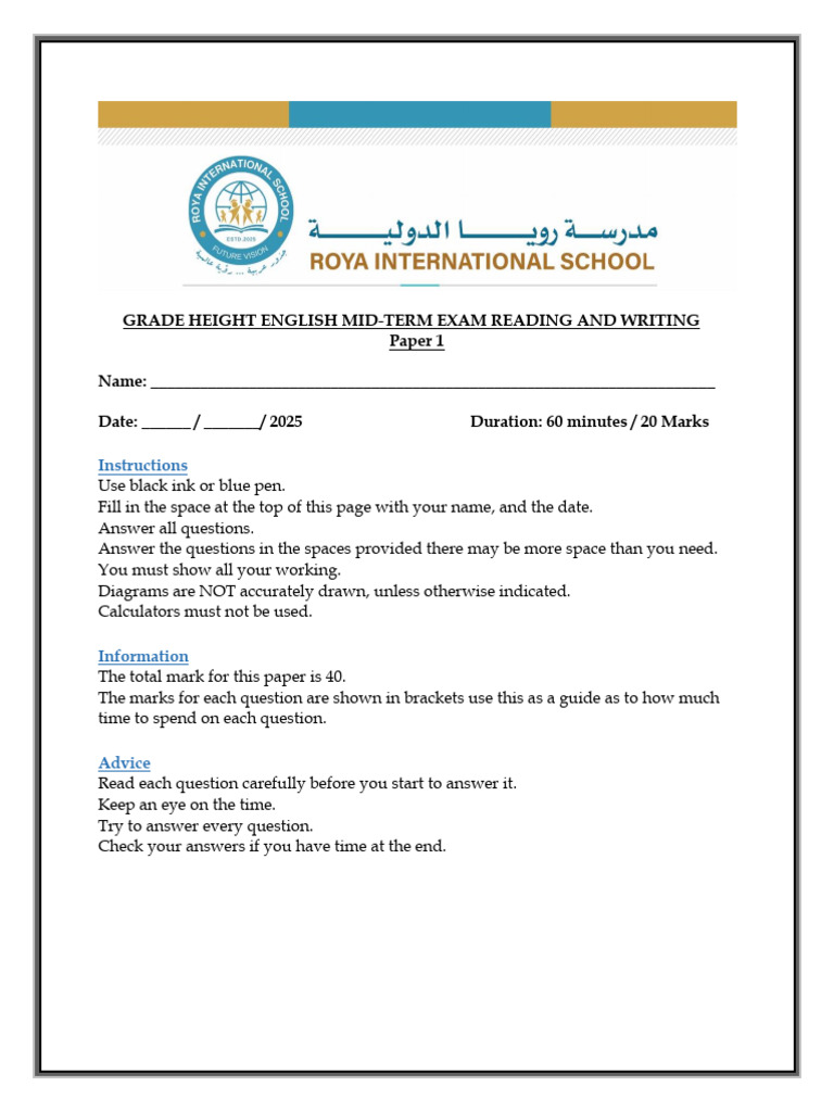 Grade 8 English Mid-Term Exam Guide | PDF | Adjective | Linguistics