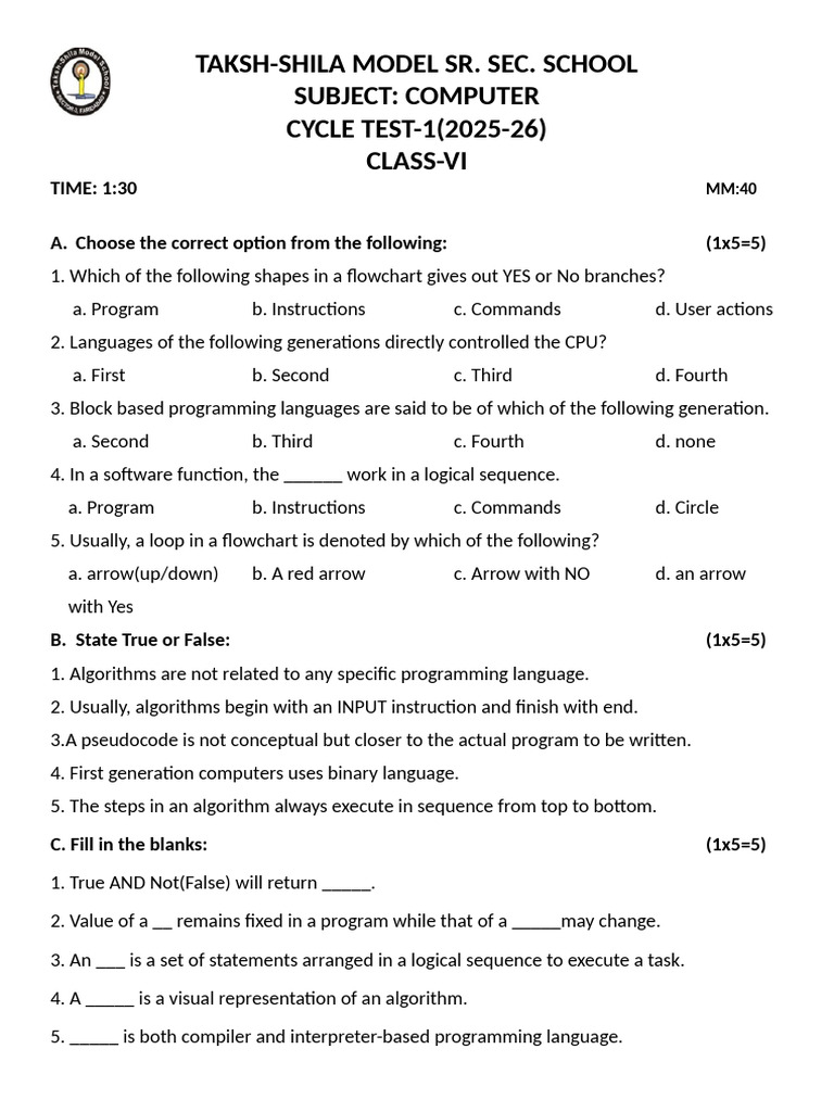 Class VI Computer Cycle Test 2025-26 | PDF | Computer Program | Programming