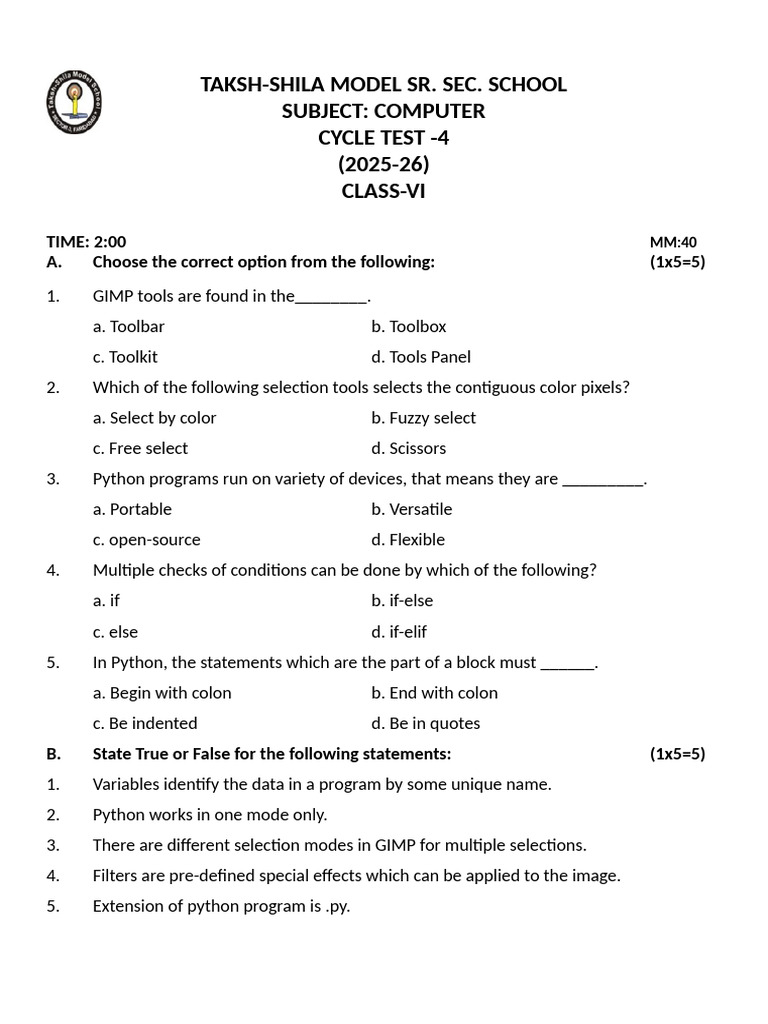 Class VI Computer Cycle Test 2025-26 | PDF | Python (Programming ...